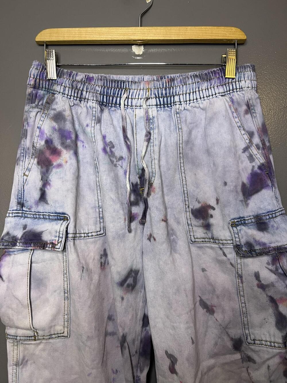 Aerie Pants Custom Tie Dye Women Medium Wide Leg Twill Elastic Waist Cargo Pants